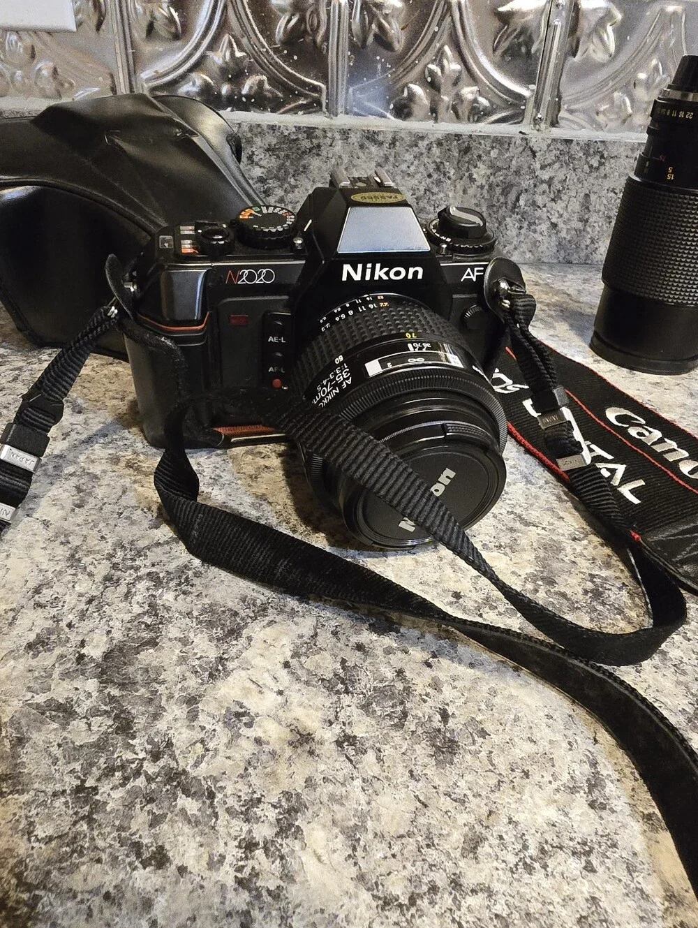 Nikon N2020 35mm Black Camera Lot (Case/Canon Strap Lenses Nikkor/Vivitar)